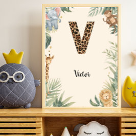 Safari Jungle Personalized Name Monogram V Nursery Poster
