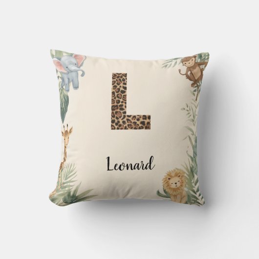 Safari Jungle Persoonlijke naam Monogram L Kinderk Kussen (Voorkant)