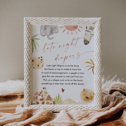 SAFARI Late Night Luiers Baby shower Sign Poster