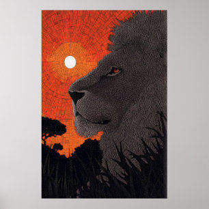 Safari Leeuw Kunst aan de Wand, Zonsondergang Silh Poster