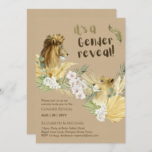 Safari Leeuwen GESLACHT ONTHULLING Baby Shower Uit Kaart (Voorkant / Achterkant)