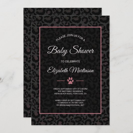 Safari Leopard Black Roze Rose Gold Baby shower Kaart (Voorkant / Achterkant)