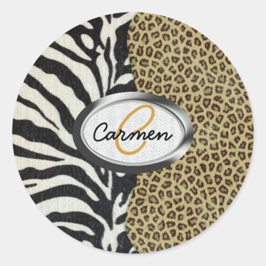 Safari Leopard en Zebra Print Monogram Ronde Sticker (Voorkant)
