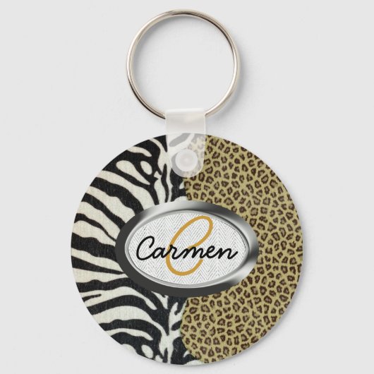 Safari Leopard en Zebra Print Monogram Sleutelhanger (Voorkant)