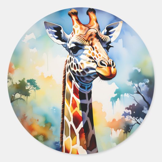 Safari Levendige Giraffe in Waterverf Ronde Sticker (Voorkant)