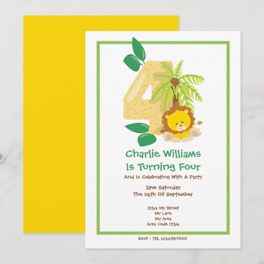 Safari Lion Fourth Birthday Party Kaart (Voorkant / Achterkant)