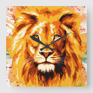 Safari Lion Wall Clock   Colorful Lion Clock Vierkante Klok