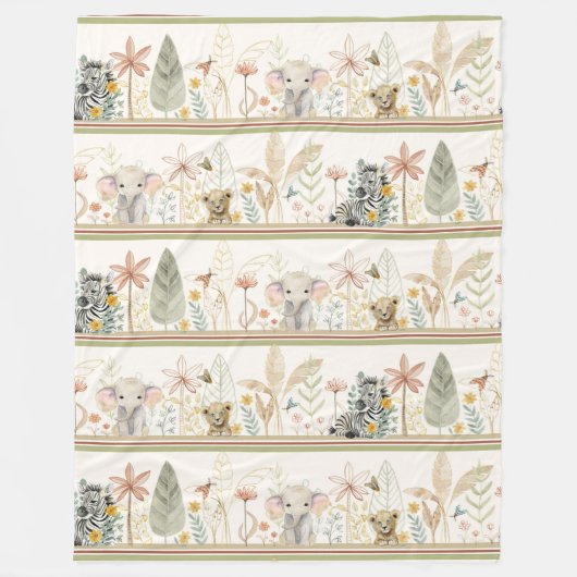 Safari Lion Zebra Elephant Oerwoud Bladerdek Baby Fleece Deken (Voorkant)