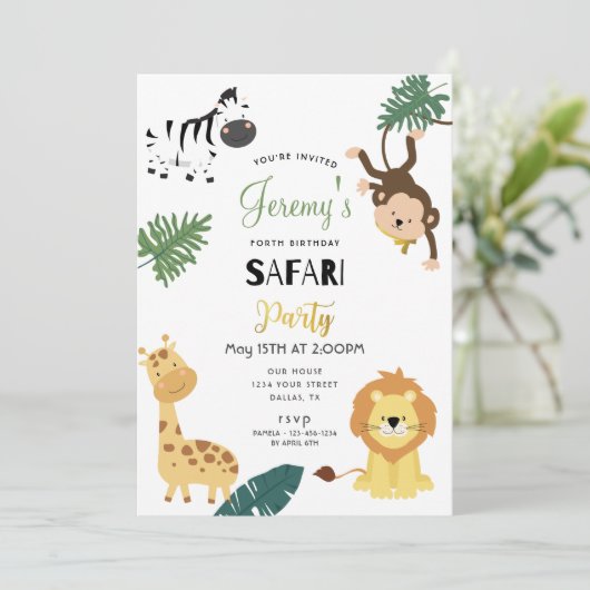 Safari Lion Zebra Monkey Little Boy Birthday Party Kaart (Staand voorkant)