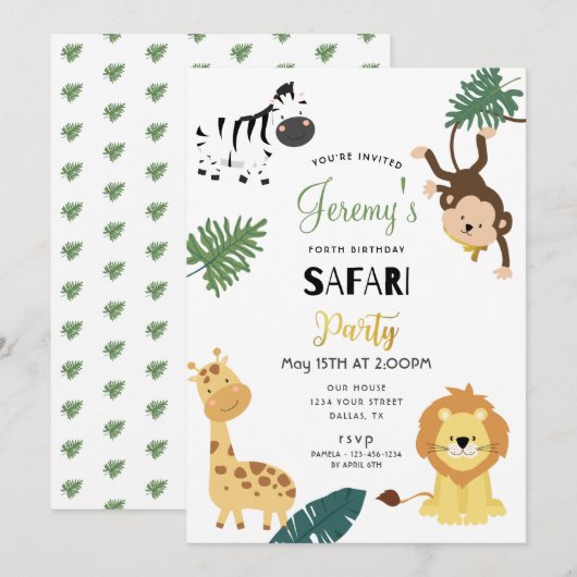 Safari Lion Zebra Monkey Little Boy Birthday Party Kaart (Voorkant / Achterkant)