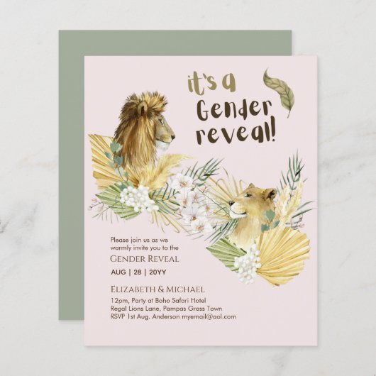 Safari Lions GENDER REVEAL Baby Shower Invitations (Voorkant / Achterkant)