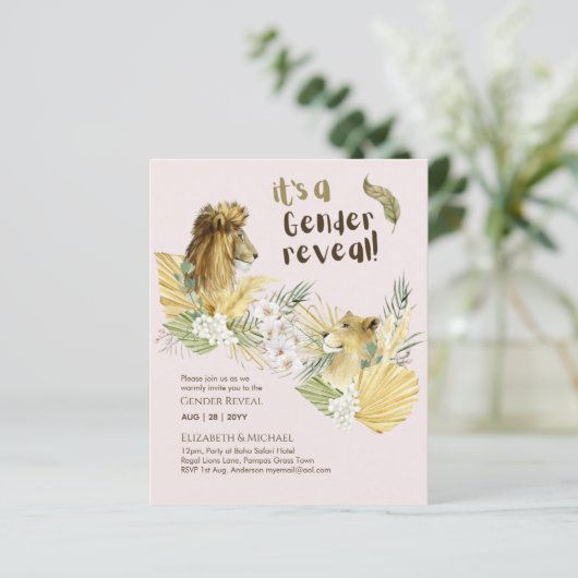 Safari Lions GENDER REVEAL Baby Shower Invitations (Staand voorkant)