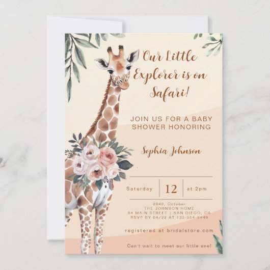 Safari Little Explorer Giraffe Baby shower Kaart (Voorkant)
