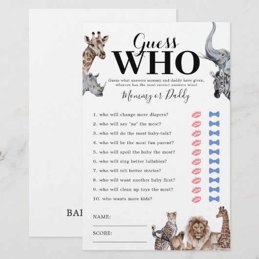 Safari Mammie of Baby shower Game (Voorkant / Achterkant)