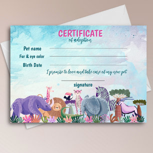 Safari meisje verjaardag dier adoptie certificaat kaart