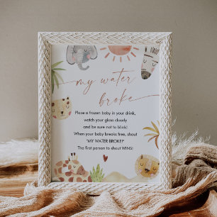 SAFARI Mijn Water Broke Baby shower Game Sign Poster