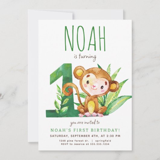 Safari Monkey Eerste Verjaardag Uitnodiging (Voorkant)