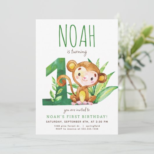 Safari Monkey Eerste Verjaardag Uitnodiging (Staand voorkant)