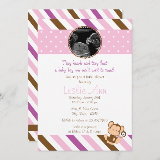 Safari Monkey Photo Pinks Baby shower Invitation Kaart (Voorkant / Achterkant)