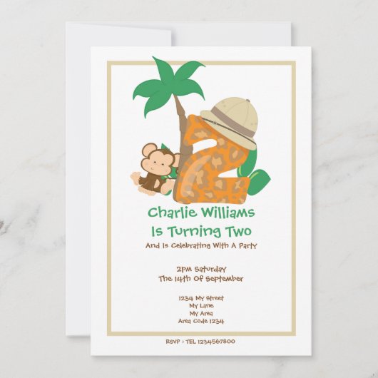 Safari Monkey Second Birthday Party Kaart (Voorkant)