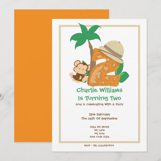 Safari Monkey Second Birthday Party Kaart (Voorkant / Achterkant)