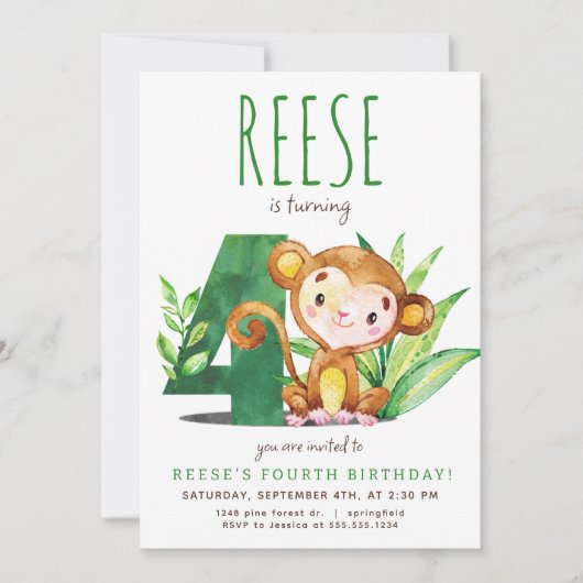 Safari Monkey Vierde Verjaardag uitnodiging (Voorkant)