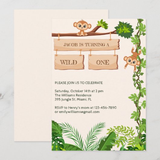Safari Monkey Wild One Jongens 1e Verjaardag Kaart (Voorkant / Achterkant)