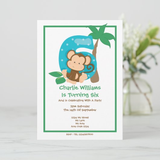 Safari Monkey Zesde verjaardag Kaart (Staand voorkant)