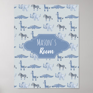 Safari Nursery Art over de blauwe Waterverf van Ba Poster