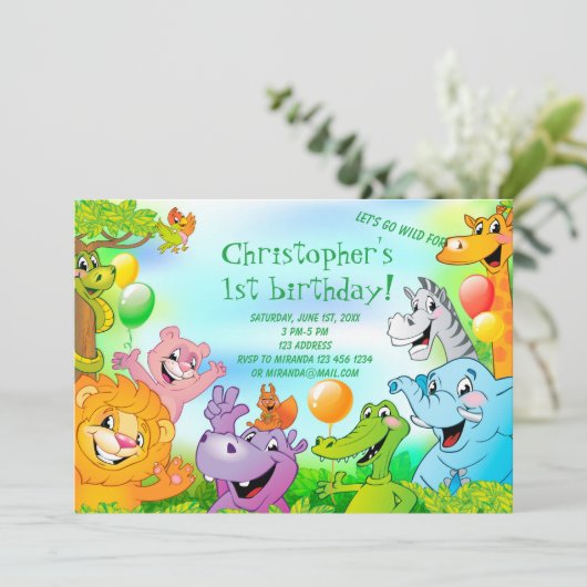 Safari oerwoud 1e verjaardagsdagsdagsuitnodigingsk kaart (Staand voorkant)