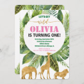Safari oerwoud 1ste verjaardag meisje wild kaart (Voorkant / Achterkant)