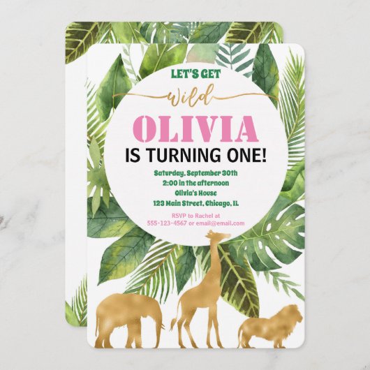 Safari oerwoud 1ste verjaardag meisje wild kaart (Voorkant / Achterkant)