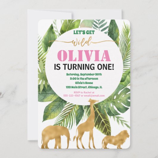 Safari oerwoud 1ste verjaardag meisje wild kaart (Voorkant)