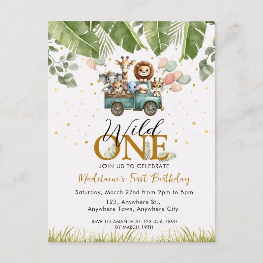 Safari Oerwoud Animal 1st Wild One First Birthday Briefkaart (Voorkant)