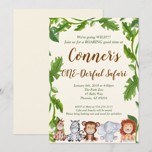 Safari Oerwoud Animal Birthday Party Invitation Kaart (Voorkant / Achterkant)