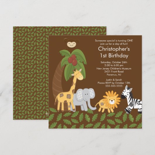 Safari Oerwoud Animal Kind Birthday Party Invitati Kaart (Voorkant / Achterkant)