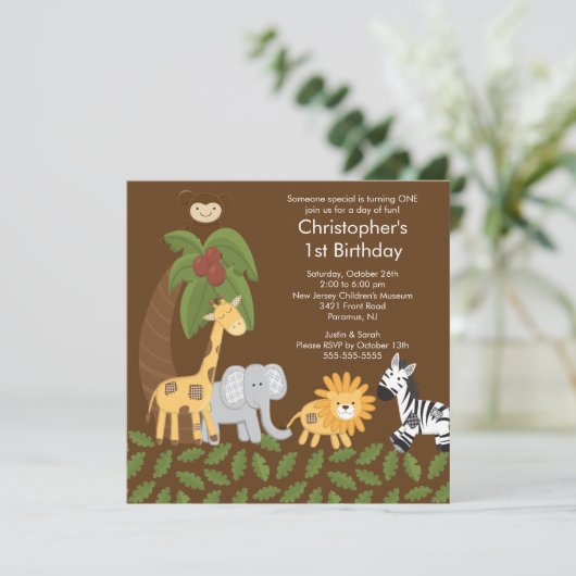 Safari Oerwoud Animal Kind Birthday Party Invitati Kaart (Staand voorkant)