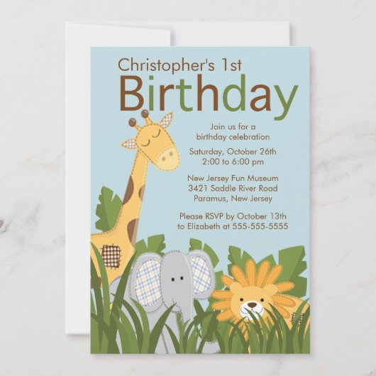 Safari Oerwoud Animal Kind Birthday Party Invitati Kaart (Voorkant)