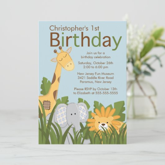 Safari Oerwoud Animal Kind Birthday Party Invitati Kaart (Staand voorkant)