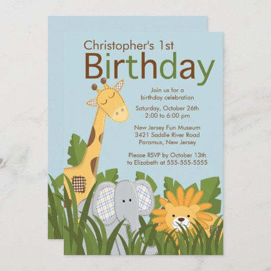 Safari Oerwoud Animal Kind Birthday Party Invitati Kaart (Voorkant / Achterkant)