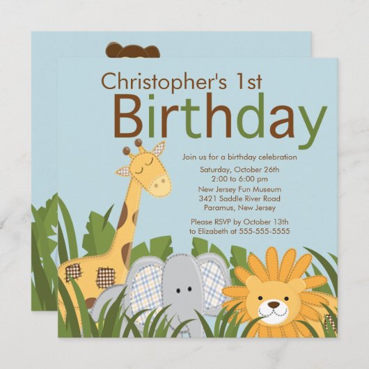 Safari Oerwoud Animal Kind Birthday Party Invitati Kaart (Voorkant / Achterkant)