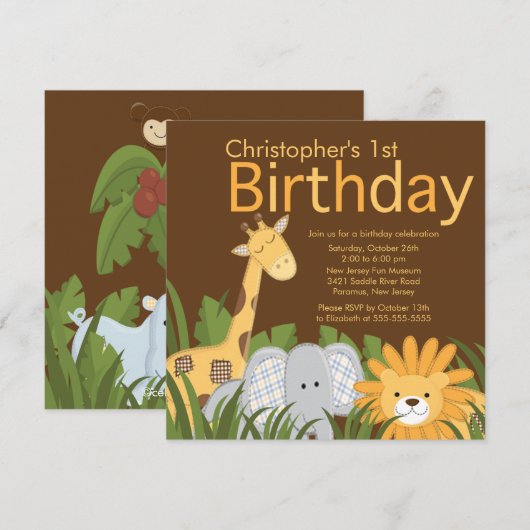 Safari Oerwoud Animal Kind Birthday Party Invitati Kaart (Voorkant / Achterkant)