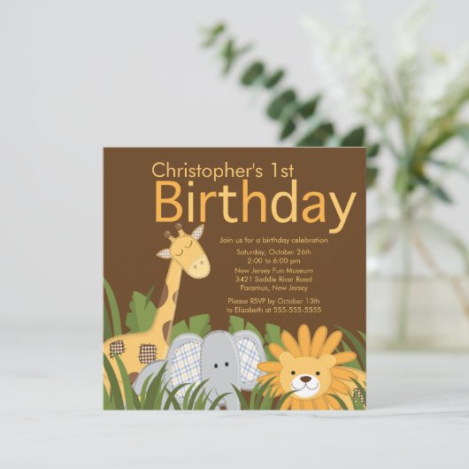 Safari Oerwoud Animal Kind Birthday Party Invitati Kaart (Staand voorkant)