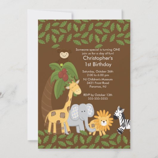 Safari Oerwoud Animal Kind Birthday Party Invitati Kaart (Voorkant)