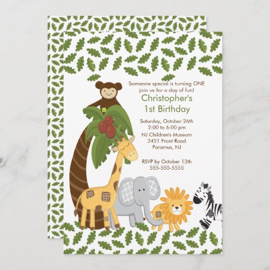 Safari Oerwoud Animal Kind Birthday Party Invitati Kaart (Voorkant / Achterkant)