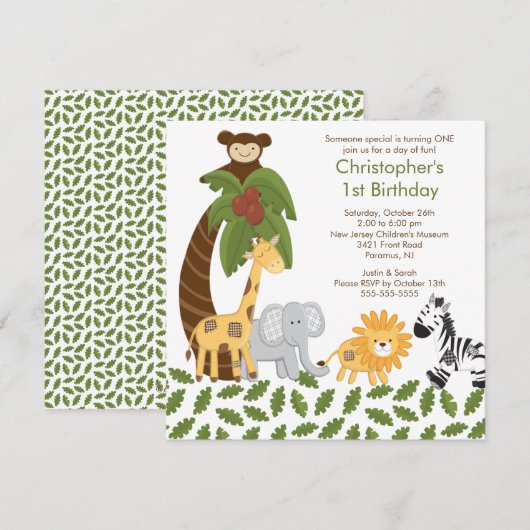 Safari Oerwoud Animal Kind Birthday Party Invitati Kaart (Voorkant / Achterkant)