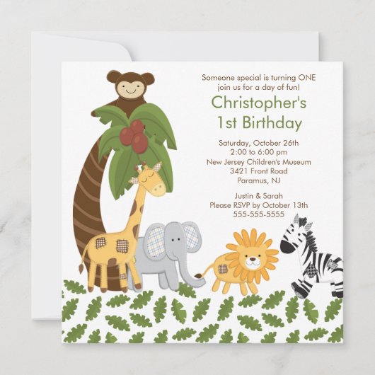 Safari Oerwoud Animal Kind Birthday Party Invitati Kaart (Voorkant)