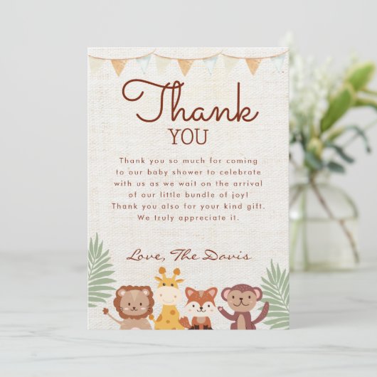 Safari Oerwoud Animals Baby shower Boy Dank u Kaart (Staand voorkant)