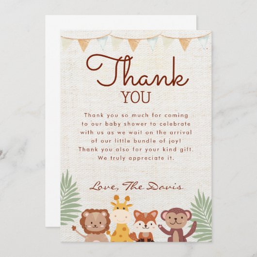 Safari Oerwoud Animals Baby shower Boy Dank u Kaart (Voorkant / Achterkant)