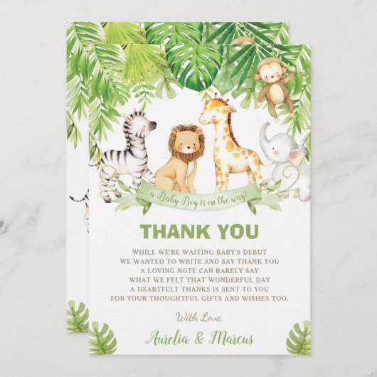 Safari Oerwoud Animals Baby shower Boy Green Fores Bedankkaart (Voorkant / Achterkant)
